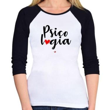 Imagem de Baby Look Raglan Psicologia por amor Manga 3/4 - Foca na Moda, Branco,