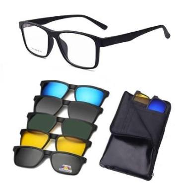 Imagem de Armação de Oculos Masculino Para Grau + 5 Clip On Troca Lentes de Sol Polarizado Proteção 100% Uv-Masculino