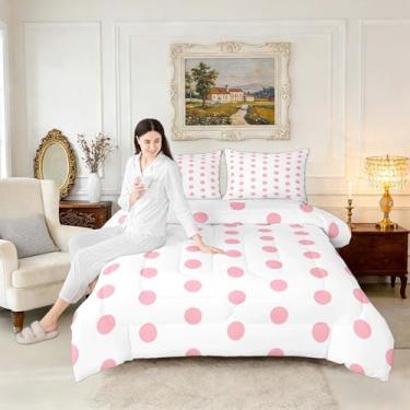 Imagem de Homewish Conjunto de cama de bolinhas rosa, simples, romântico, feminino, para crianças, adolescentes e adultos, conjunto de edredom decorativo com círculos geométricos com 2 fronhas, tamanho casal, 3