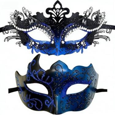 Imagem de Derlinvine Couples' Masquerade Masks,Venice Painted Masks Halloween Parties Metal Plastic Lace Carnival Goggles - Black Blue