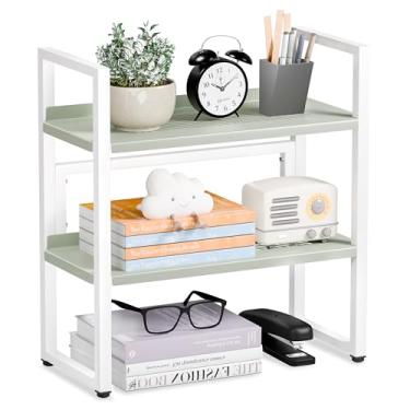 Imagem de Brakki Organizador de prateleira de mesa, prateleiras de mesa de metal ajustáveis de 2 níveis, organização de estante de mesa com tapete de pé, rack de armazenamento pequeno multifuncional para