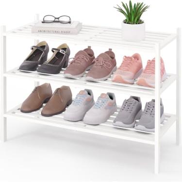 Imagem de Smiry Sapateira de bambu de 3 camadas, organizador empilhável de madeira para entrada e armário, prateleira de armazenamento de sapatos de madeira independente para porta da frente e espaços pequenos