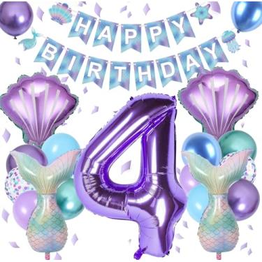Imagem de Kit de decorações de aniversário com balão número 4, balão de concha e faixa para artigos de festa de verão com tema de aniversário e oceano