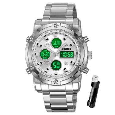 Imagem de SKMEI Relógio de pulso masculino, relógios digitais analógicos militares à prova d'água com cronógrafo multihorário de LED, relógios executivos de aço inoxidável para homens, Prata 2556