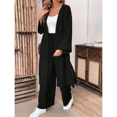 Imagem de Roupa feminina preta de 2 peças - cardigã longo e calça larga conjunto casual, Preto, Small