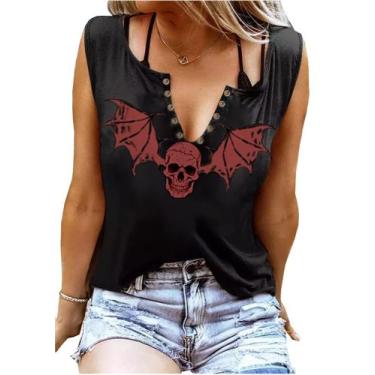 Imagem de Camiseta regata Fensajomon Halloween Gothic Red Bat Skull para mulhere