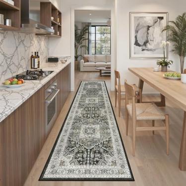 Imagem de Madane Tapete de corredor lavável 5 x 20, corredores para corredores, tapetes antiderrapantes de cozinha, ultrafino, lavanderia, tapete para entrada, sala de jantar, hall de entrada, cinza verde/preto