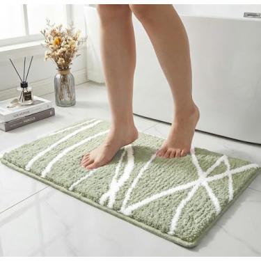 Imagem de Tititex Tapete de banheiro luxuoso verde sálvia linha curva branca, tapetes de banheiro de microfibra extra macios e absorventes, tapete de banho felpudo antiderrapante de pelúcia, tapetes de banho para piso de banheiro, banheira e chuveiro