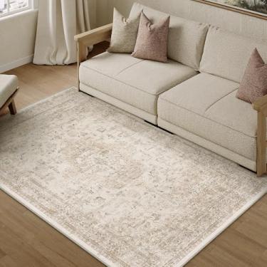 Imagem de PureCozy Tapete de entrada 7,5 x 10,6 cm, bege, vintage, envelhecido, oriental, macio, fino, para escritório, antiderrapante, tapete para cozinha, banheiro, quarto, sala de jantar, sala de estar