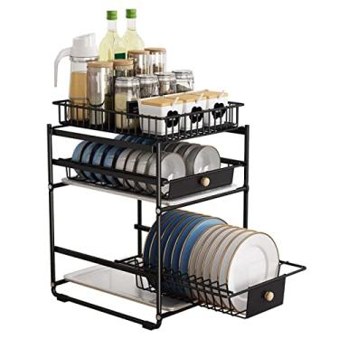 Imagem de Escorredor de louça, conjunto compacto de escorredor de pratos de cozinha de 3 níveis, rack de drenagem prateleira de cozinha doméstica organizador de gaveta multifuncional, preto