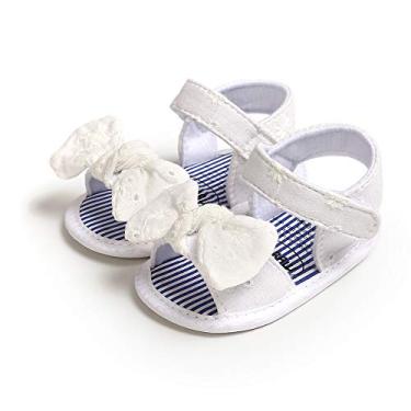 Imagem de GDSDYM Sandálias de verão para bebês meninas com laço de flor, sola macia, sapatos rasteirinhos, para recém-nascidos, primeiros andadores, berço, 07 Branco, 12-18 Months Toddler