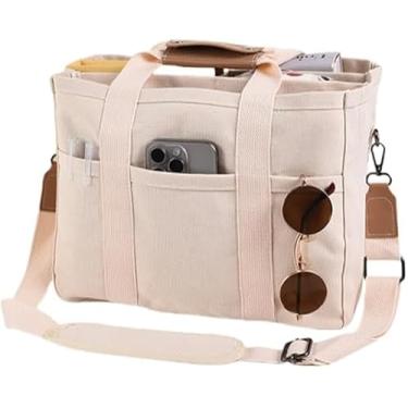 Imagem de Bolsa Tote Grande com Múltiplos Bolsos para Mulheres Alça de Lona Capacidade Reutilizável Versátil Interior Espaçoso Organizado Almofadas Ombro Macias Alças Couro Gancho Metal Frontal Prática Estilosa