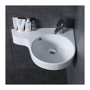 Imagem de Lavatório de banheiro lavatório de canto de banheiro lavatório pequeno mini apartamento montado na parede triângulo de cerâmica lavatório de arte branca (cor: 1 orifício esquerdo) (1 orifício direito)