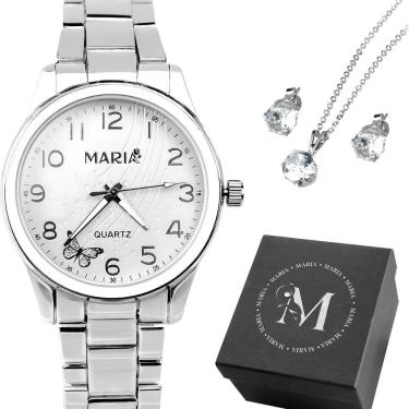 Imagem de Relogio Aço Inox Banhado Feminino + Brincos Colar + Caixa Presente Qualidade Premium Garantia Casual