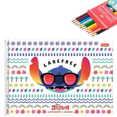 Imagem de Kit Caderno de Desenho Stitch Disney 80 Fls Capa Dura Foroni + Lápis d