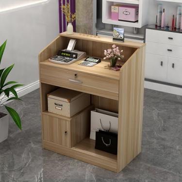 Imagem de Recepcionista de varejo com armário de armazenamento, balcão frontal moderno com gaveta com trava, balcão de varejo para caixa, mesa de boas-vindas moderna para saguão, escritório, salão de beleza
