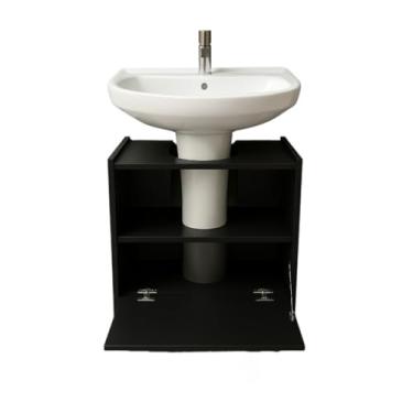 Imagem de Gabinete De Banheiro Organizador Àrmario 1 Porta Pia De Coluna Com Rodízios Cor Branco Ripado(Preto)