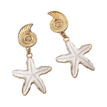 Imagem de Brincos Pendentes De Concha E Estrela-do-mar Dourados Estilo Retrô Par