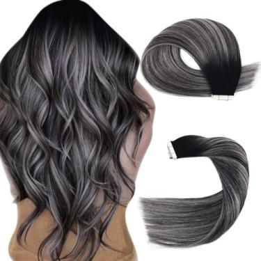Imagem de Sassina Extensões de cabelo humano real com fita adesiva invisível sem costura em extensões de 45,7 cm de preto para prata Balayage fita de cabelo humano em extensões 20 peças 50g, #1B/prata/1B