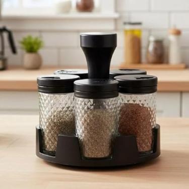 Imagem de Porta Condimentos Organizador Giratório de Temperos 6 Potes Vidro com Tampa Dosadora – Porta Condimentos