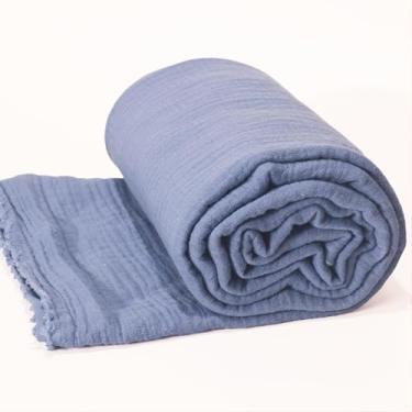 Imagem de Livstxle Tecido de musselina de algodão por jarda, 133 cm de largura, tecidos de gaze enrugados de algodão leve para costura, cobertor, pijama, lençol de cama e artesanato DIY (azul claro, 2 jardas)