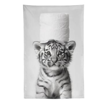 Imagem de Tapeçaria de chapéu de papel higiênico bebê tigre preto e branco impressão artística para quarto sala de estar dormitório decoração de casa com design de animal selvagem fofo Tapeçaria 152 x 239 cm