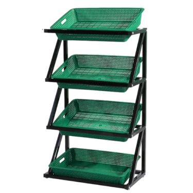 Imagem de Prateleiras de vegetais de supermercado de 4 camadas, rack de exibição de varejo com 4/8 cestos, organizador comercial de lanches para mercearias, unidade de armazenamento de produtos e restaurantes
