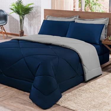 Imagem de Kit Edredom + Jogo De Lençol Aconchego Look House Dupla Face Solteiro 04 Peças - Azul E Cinza