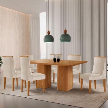 Imagem de Mesa De Jantar Eloise 180cm Tampo Mdf 6 Cadeiras Lisboa Veludo Creme/naturale