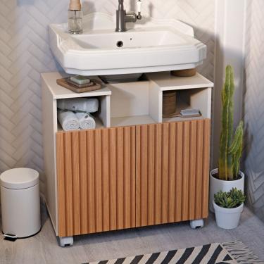 Imagem de Gabinete para Banheiro para Pia de Coluna com Portas e Nichos Abertos – Organizador Moderno para Debaixo da Pia Pintura 3D Efeito Ripado