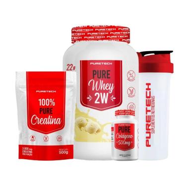 Imagem de Kit Whey Pure 2W 900g + Creatina 100% Pura 500g + Colágeno 120Caps + Coqueteleira PURETECH-Unissex