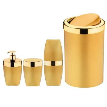 Imagem de Kit Lixeira 8L Basculante Dispenser Sabonete Porta Escova Dente Algodã