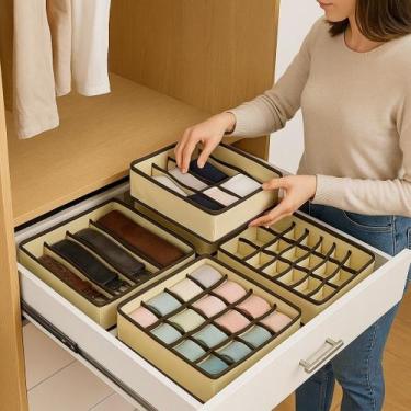 Imagem de Organizador Gaveta Kit 4 Unidades Colmeia Roupa Íntima Meia Bege Dobrá