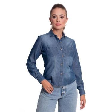 Imagem de Camisa Social Feminina Jeans Manga Longa Moderna Teodoro, Azul escuro,