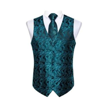 Imagem de Colete Social Masculino Preto Paisley Com Gravata Borboleta, Lenço De 