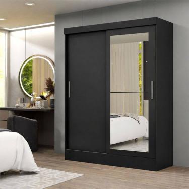 Imagem de Guarda-Roupa Solteiro Porto Rico 2 Portas 2 Gavetas com Espelho Flex Preto - Pnr Móveis