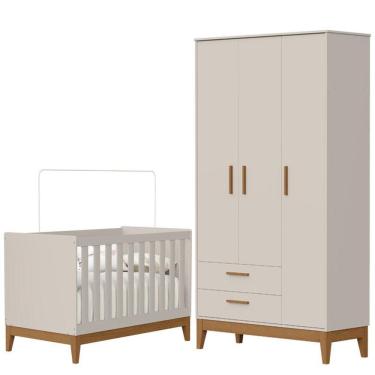Imagem de Guarda Roupa Infantil Flip 3 Portas 2 Gavetas em MDF 112cm Bege com Berço Americano Are...