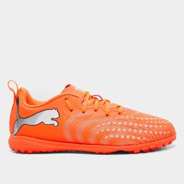 Imagem de Chuteira Infantil Society Puma Future 9 Play Unissex, Laranja, 34
