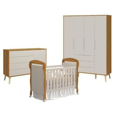 Imagem de Quarto de Bebê 4 Portas com Cômoda com Porta Elfe Retrô e Berço Americ