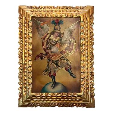 Imagem de Quadro Óleo Sobre Tela Cusquenho São Miguel Moldura Dourada 30x40 Cm -
