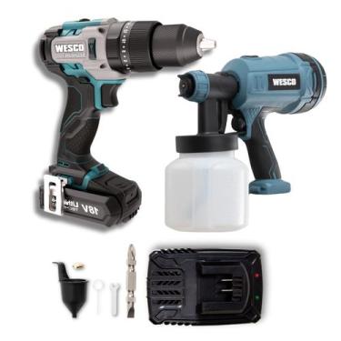 Imagem de Parafusadeira Furadeira Impacto Wesco + Pistola Pintura Bateria E Carr