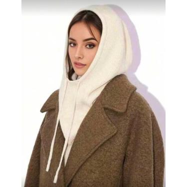 Imagem de Balaclava feminina de tricot capuz gorro estilo hood scarf Cor:Bege - 