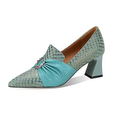 Imagem de TinaCus Sapato feminino bico fino couro legítimo feito à mão salto grosso médio sapatos graciosos, Verde, 7