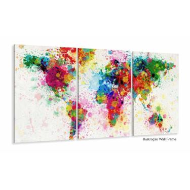 Imagem de Quadro Mapa Mundi Colorido Decorativo Em Tecido 3 Peças 125x