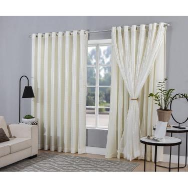 Imagem de Cortina Voal Xadrez Com Forro Microfibra Palha 4,00X2,80