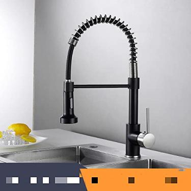 Imagem de Torneiras de cozinha escova torneiras de latão para pia de cozinha de alavanca única pull out primavera bico misturadores torneira de água quente e fria guindaste, preto e escovado, china