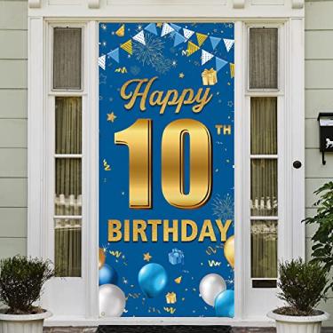 Imagem de Decorações de faixa de porta de feliz aniversário de 10 anos, decorações de 10º aniversário para meninos e meninas, pano de fundo de decoração de festa de aniversário de 10 anos, decoração de pôster