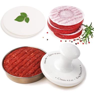 Imagem de Meykers Burger Press – Anel de molde de hambúrguer de 12,7 cm com 100 folhas de papel de porcelana, massageador de aço inoxidável, para carne além de carne vegetariana, carne de peru vegana