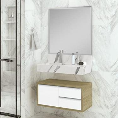 Imagem de Conjunto para Banheiro 1 Espelho Bisotê 1 Gabinete Pró 1 Bancada com Cuba Blu Lavatórios Bumi Calacata/wood