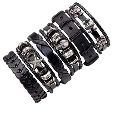 Imagem de PULSEIRA PUNK ROCK 6PÇS CAVEIRA COURO PRETO ESTRELA P7234